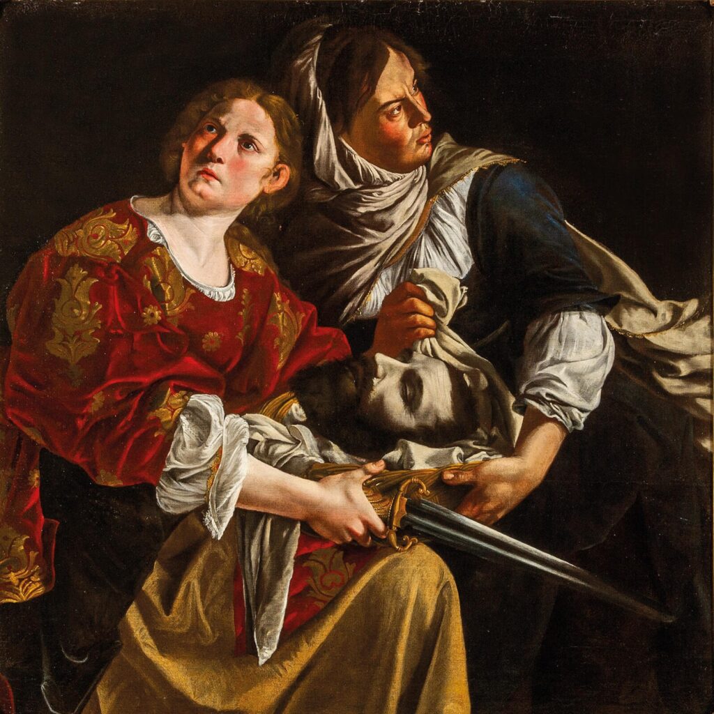 Artemisia Gentileschi in Florence: Tickets and Guide to the Museo degli Innocenti Exhibition 1 Painting by Artemisia Gentileschi showing Judith in a red gown holding a sword while her maidservant carries the head of Holofernes