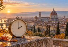 Clocks Go Back in Italy on October 25, 2026: What It Means for Your Tuscany Trip Vintage clock showing 2:00 on a stone wall with autumn leaves, with the Florence skyline and the Duomo at sunset