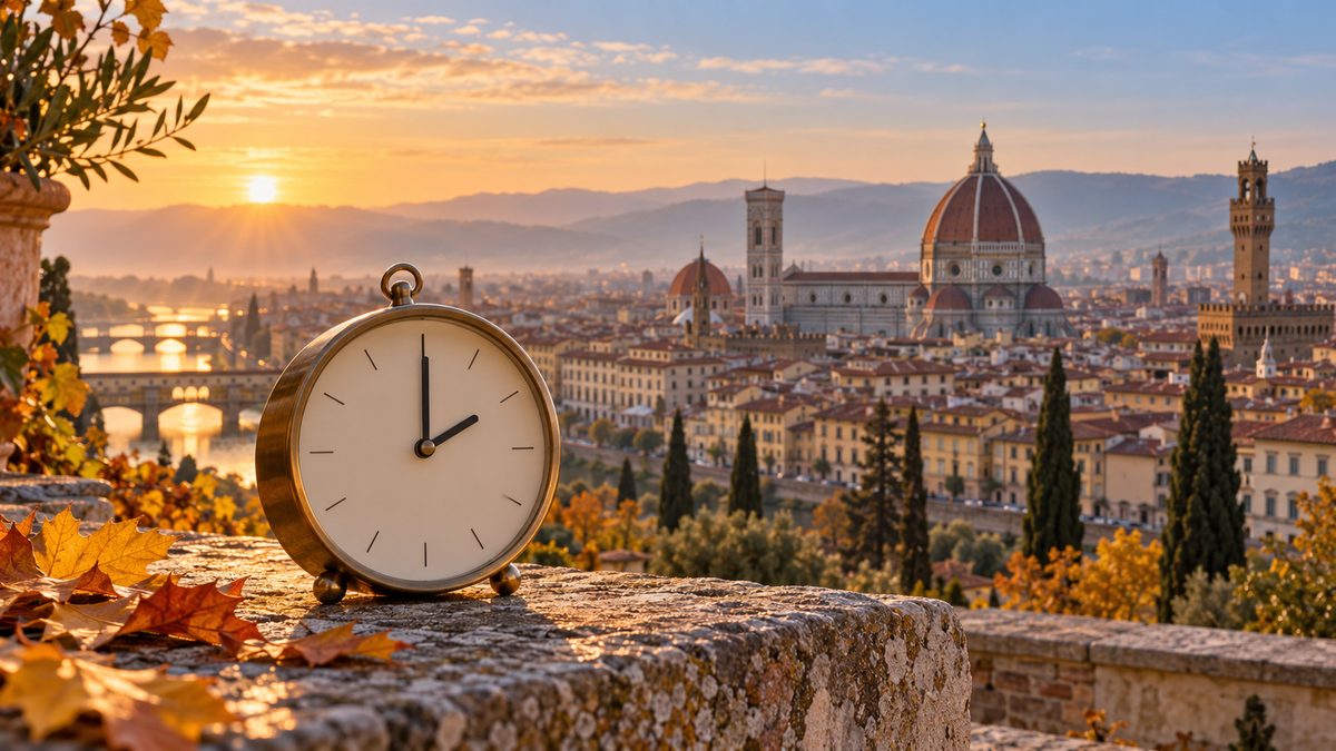 Clocks Go Back in Italy on October 25, 2026: What It Means for Your Tuscany Trip 1 Vintage clock showing 2:00 on a stone wall with autumn leaves, with the Florence skyline and the Duomo at sunset