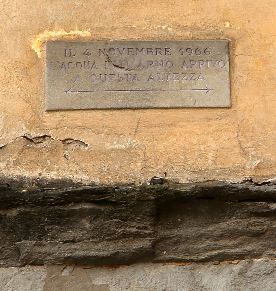 Florence Flood 60th Anniversary: Exhibitions and Events, November 2026 2 Marble plaque in Piazza Santa Croce marking the level the Arno reached on November 4, 1966