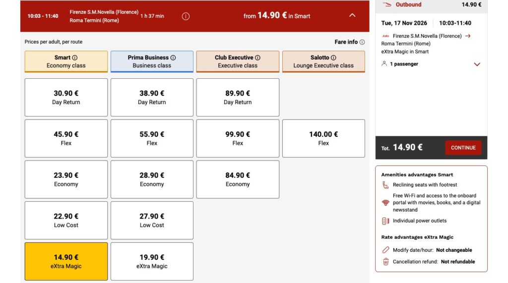 Italo eXtra Magic: Train Tickets up to 70% Off from Florence 2 Italo fare table with eXtra Magic at 14.90 euros versus 45.90 euros Flex from Florence to Rome