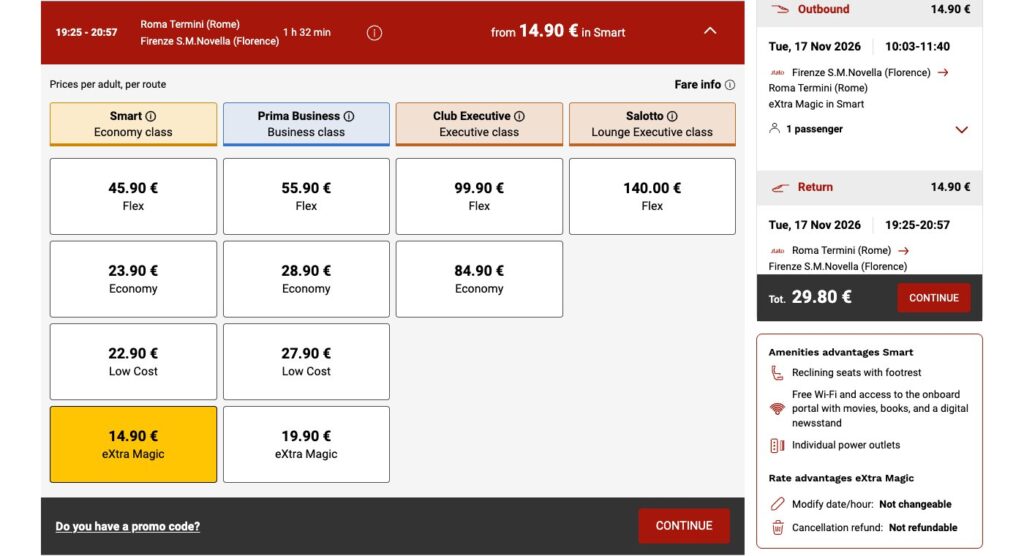 Italo eXtra Magic: Train Tickets up to 70% Off from Florence 3 Italo journey summary for a Florence Rome round trip on eXtra Magic with a total of 29.80 euros
