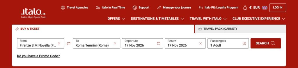 Italo eXtra Magic: Train Tickets up to 70% Off from Florence 1 Italo search form for a Florence to Rome day trip for 1 adult
